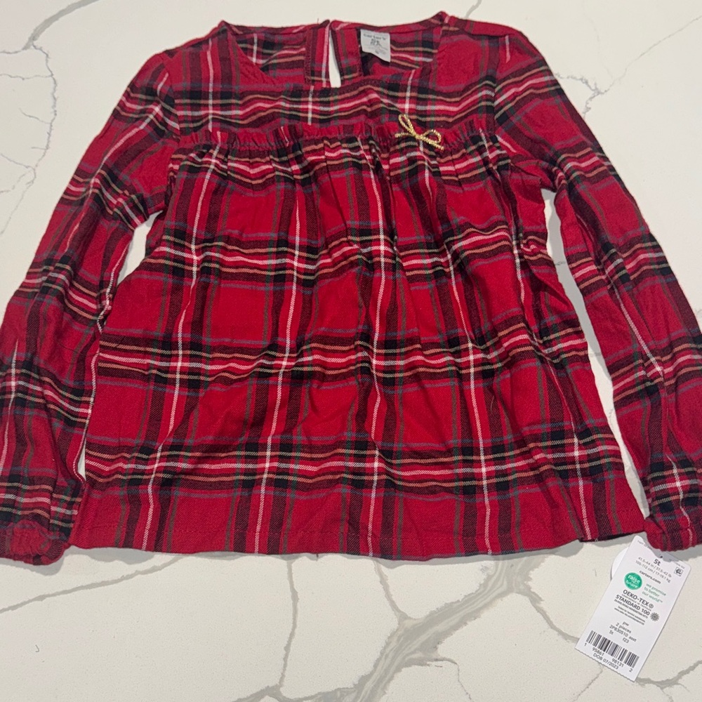 Carters Girls 5T Red Plaid Long Sleeve Holiday Top Shirt NWT